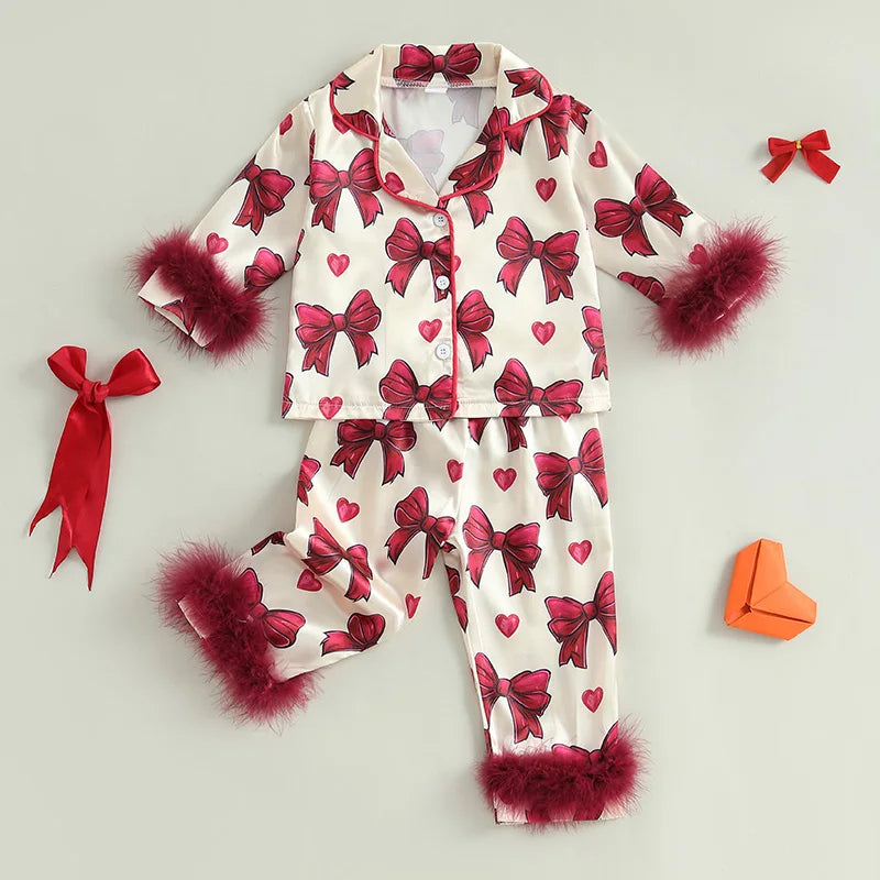 Kid Clothes Girl Satin Pajamas Set Bow Print Feather Cuffs Long Sleeve Lapel Button Down Tops with Pants Sleepwear