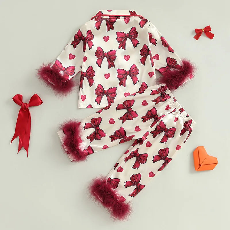 Kid Clothes Girl Satin Pajamas Set Bow Print Feather Cuffs Long Sleeve Lapel Button Down Tops with Pants Sleepwear
