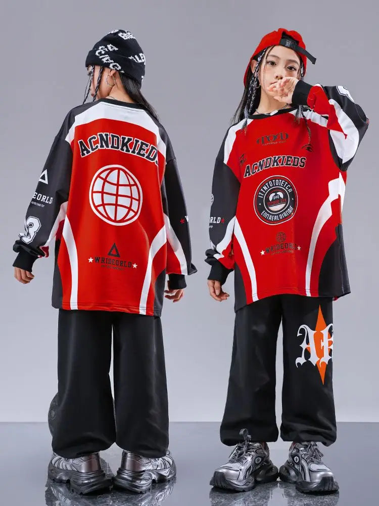 Kid Cool Hip Hop Clothing Red Black Print Sweatshirt Casual Street Sweat Jogger pants for Girl Boy Jazz Dance Costumes Clothes