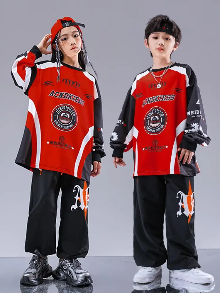 Kid Cool Hip Hop Clothing Red Black Print Sweatshirt Casual Street Sweat Jogger pants for Girl Boy Jazz Dance Costumes Clothes