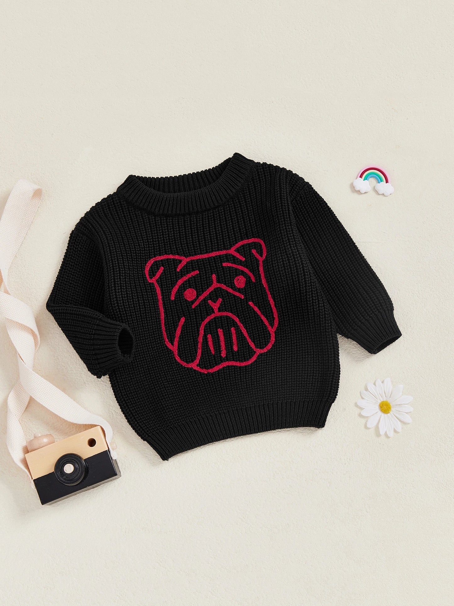 Kid Clothes Girls Autumn Knit Xmas Sweaters Long Sleeve Round Neck Bulldog/Elephant Embroidery Pullover Knitwear
