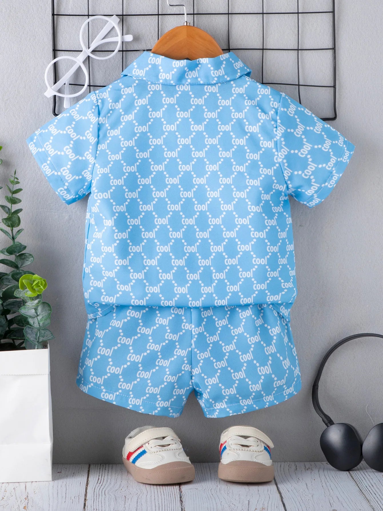 Kid Fashion Boy Outfit Three Piece Set Light Blue Short Sleeve Top Shirt Plain White Inner T-Shirt Blue Shorts Children Clothing