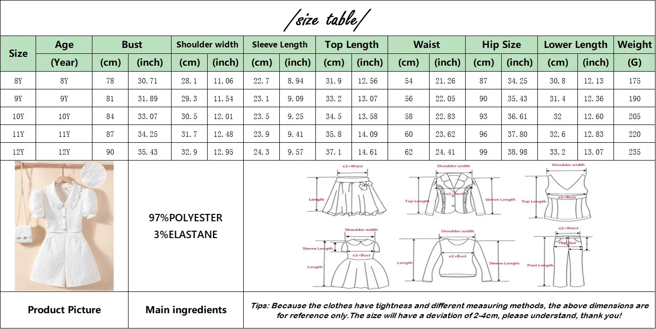 Kid Girls Clothing Set Teen Girl Clothes 2Pcs Summer Short Sleeve Shirt + Shorts Vacation Elegant Children Outfit Soft Ventilate