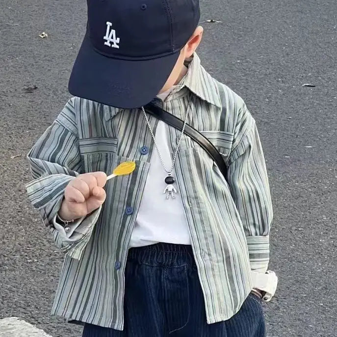 Kid Boy Spring Autumn Suit 2025 New Korean Handsome Baby Fashion Corduroy Striped Shirt and Pants Clothes Two Piece Set Outfits
