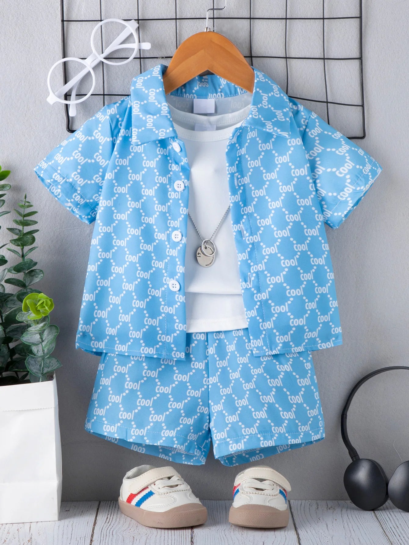 Kid Fashion Boy Outfit Three Piece Set Light Blue Short Sleeve Top Shirt Plain White Inner T-Shirt Blue Shorts Children Clothing
