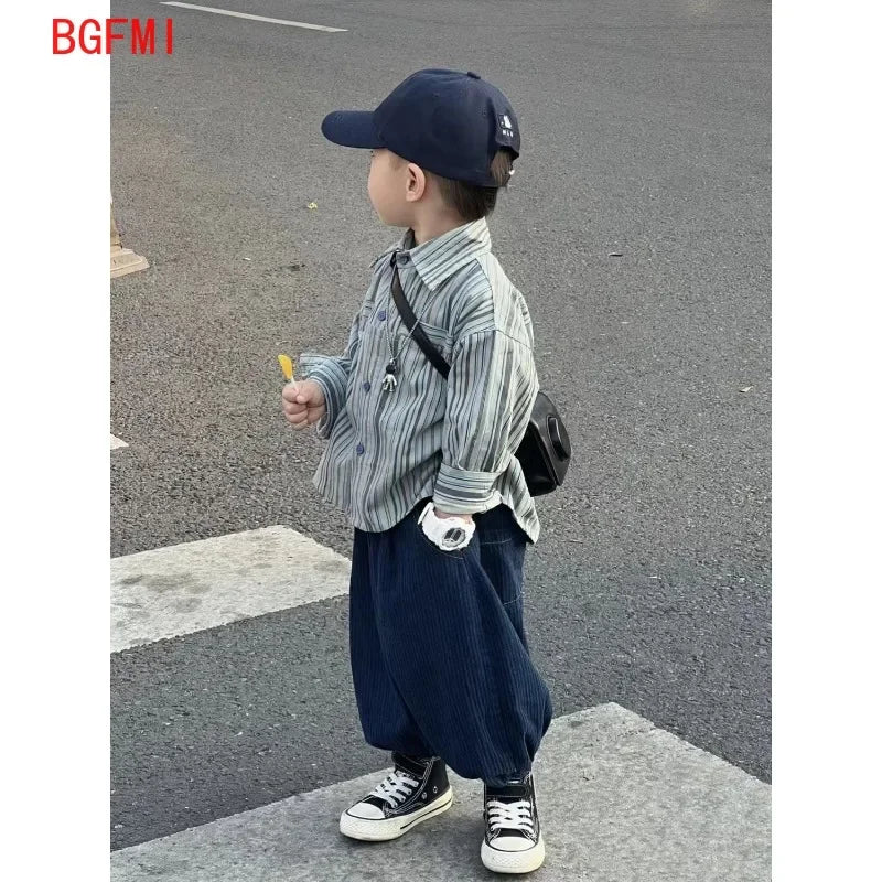 Kid Boy Spring Autumn Suit 2025 New Korean Handsome Baby Fashion Corduroy Striped Shirt and Pants Clothes Two Piece Set Outfits