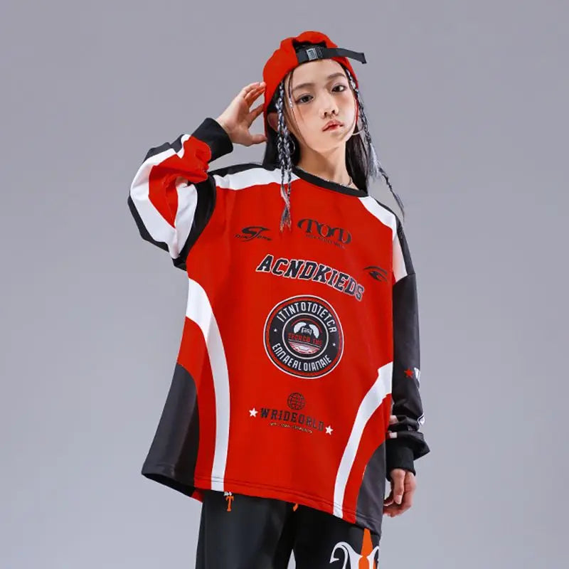 Kid Cool Hip Hop Clothing Red Black Print Sweatshirt Casual Street Sweat Jogger pants for Girl Boy Jazz Dance Costumes Clothes