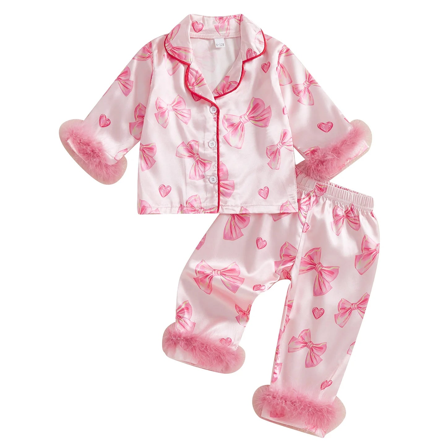 Kid Clothes Girl Satin Pajamas Set Bow Print Feather Cuffs Long Sleeve Lapel Button Down Tops with Pants Sleepwear