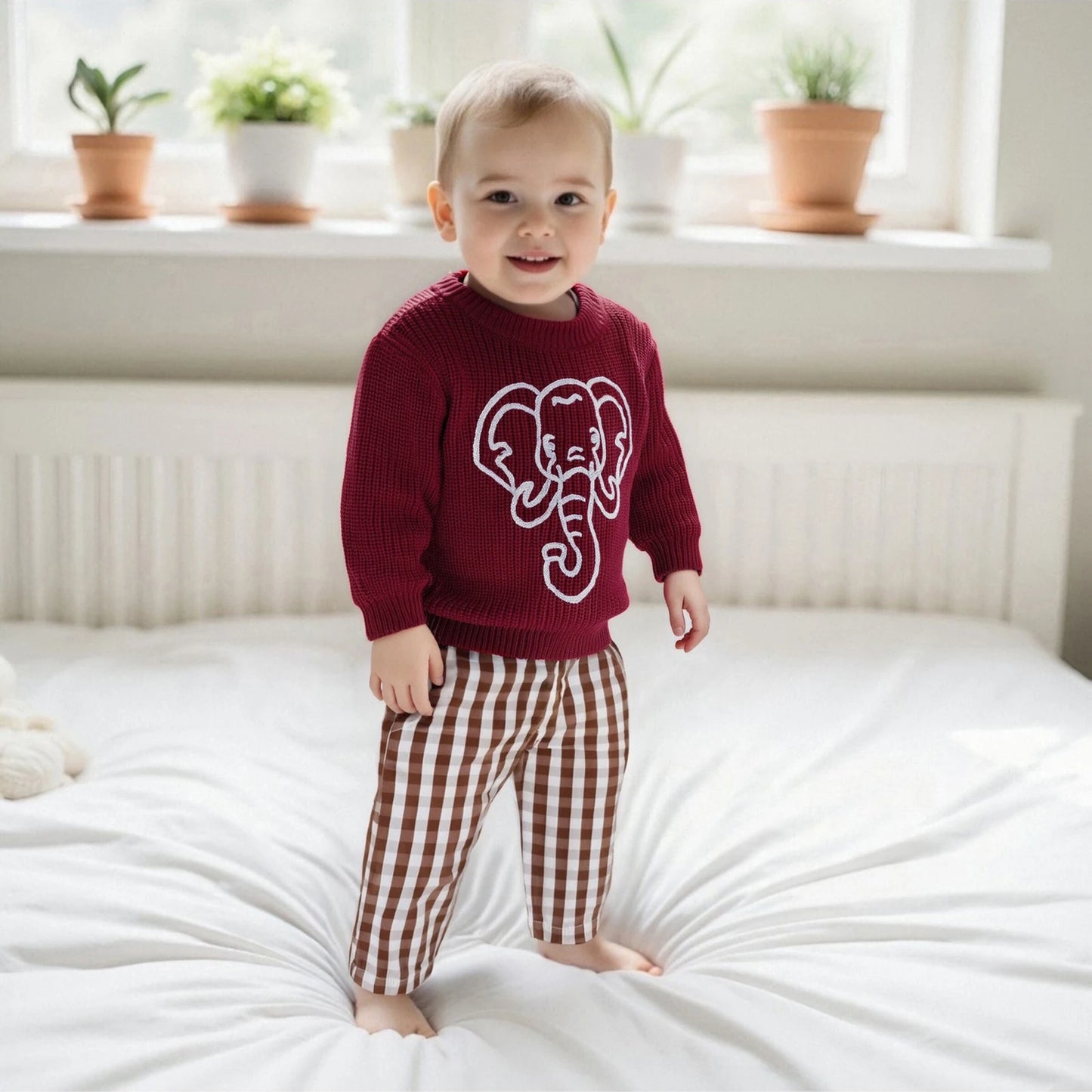 Kid Clothes Girls Autumn Knit Xmas Sweaters Long Sleeve Round Neck Bulldog/Elephant Embroidery Pullover Knitwear