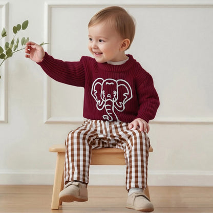 Kid Clothes Girls Autumn Knit Xmas Sweaters Long Sleeve Round Neck Bulldog/Elephant Embroidery Pullover Knitwear