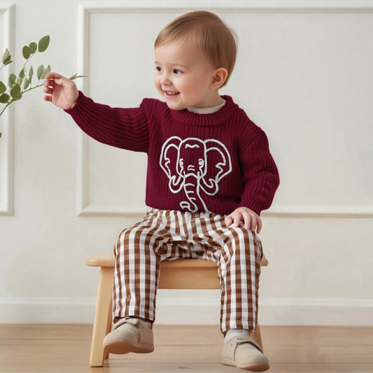 Kid Clothes Girls Autumn Knit Xmas Sweaters Long Sleeve Round Neck Bulldog/Elephant Embroidery Pullover Knitwear