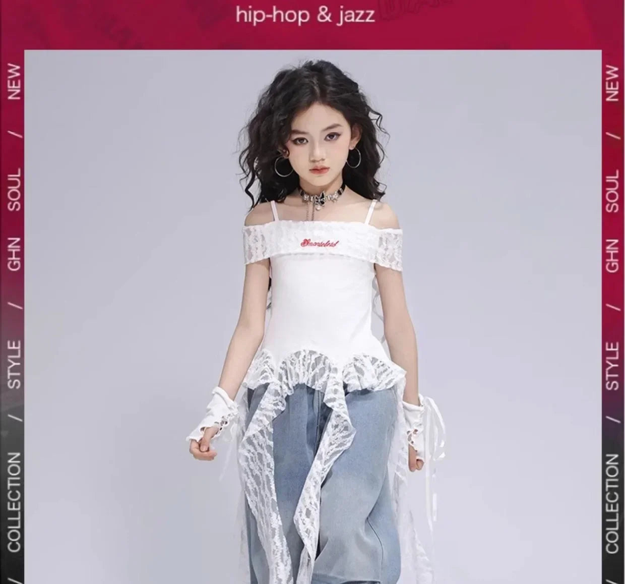 Kid Hip Hop Clothing Dance Costumes Clothes White Off Shoulder LaceParachute Jeans Baggy Pants for Girl Top Denim Blue Casual