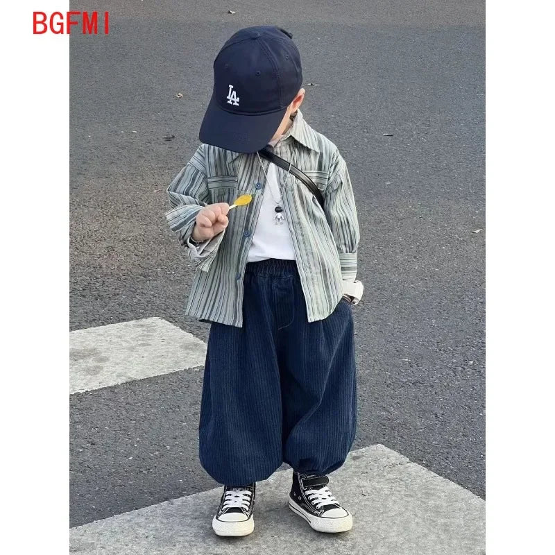 Kid Boy Spring Autumn Suit 2025 New Korean Handsome Baby Fashion Corduroy Striped Shirt and Pants Clothes Two Piece Set Outfits