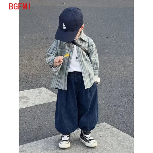 Kid Boy Spring Autumn Suit 2025 New Korean Handsome Baby Fashion Corduroy Striped Shirt and Pants Clothes Two Piece Set Outfits