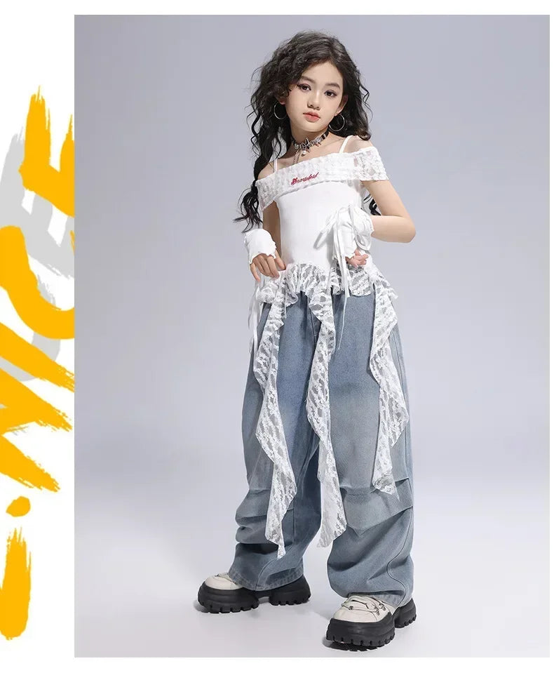 Kid Hip Hop Clothing Dance Costumes Clothes White Off Shoulder LaceParachute Jeans Baggy Pants for Girl Top Denim Blue Casual