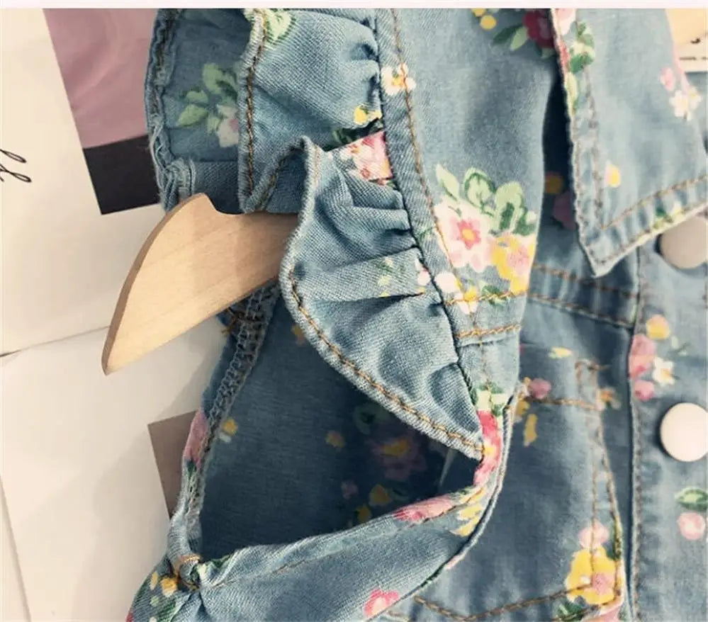 Kid's Clothing Sets for Baby Girls Floral Print Petal Sleeves Lapel Shirt & Shorts 2Pcs Set Childrens Suit Imitation Denim Outfi