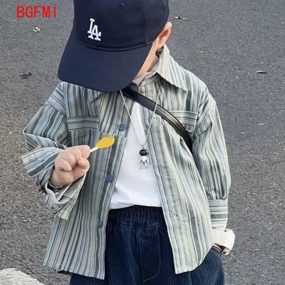 Kid Boy Spring Autumn Suit 2025 New Korean Handsome Baby Fashion Corduroy Striped Shirt and Pants Clothes Two Piece Set Outfits