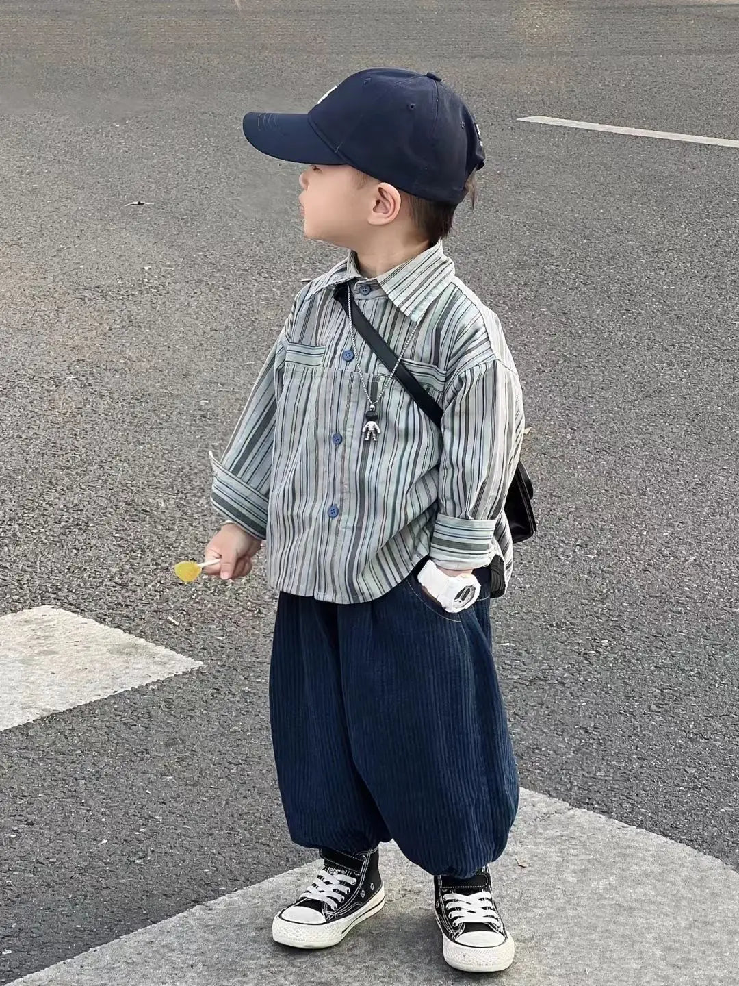 Kid Boy Spring Autumn Suit 2025 New Korean Handsome Baby Fashion Corduroy Striped Shirt and Pants Clothes Two Piece Set Outfits