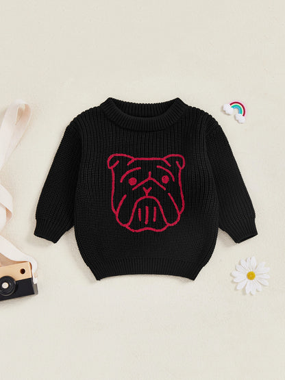 Kid Clothes Girls Autumn Knit Xmas Sweaters Long Sleeve Round Neck Bulldog/Elephant Embroidery Pullover Knitwear