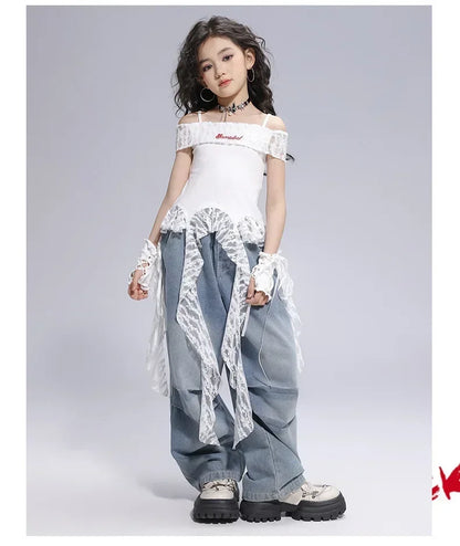Kid Hip Hop Clothing Dance Costumes Clothes White Off Shoulder LaceParachute Jeans Baggy Pants for Girl Top Denim Blue Casual