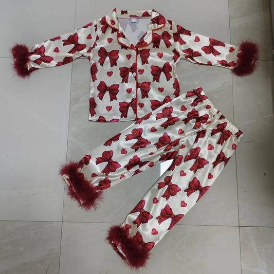 Kid Clothes Girl Satin Pajamas Set Bow Print Feather Cuffs Long Sleeve Lapel Button Down Tops with Pants Sleepwear
