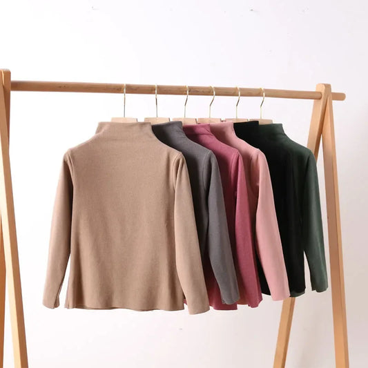 Kid's Clothes Base Shirt  2024 Autumn New Girls Simple Solid Half-high Collar Blouse Boys Warm Fit Bottoming Shirt Tops
