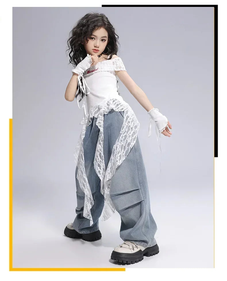 Kid Hip Hop Clothing Dance Costumes Clothes White Off Shoulder LaceParachute Jeans Baggy Pants for Girl Top Denim Blue Casual