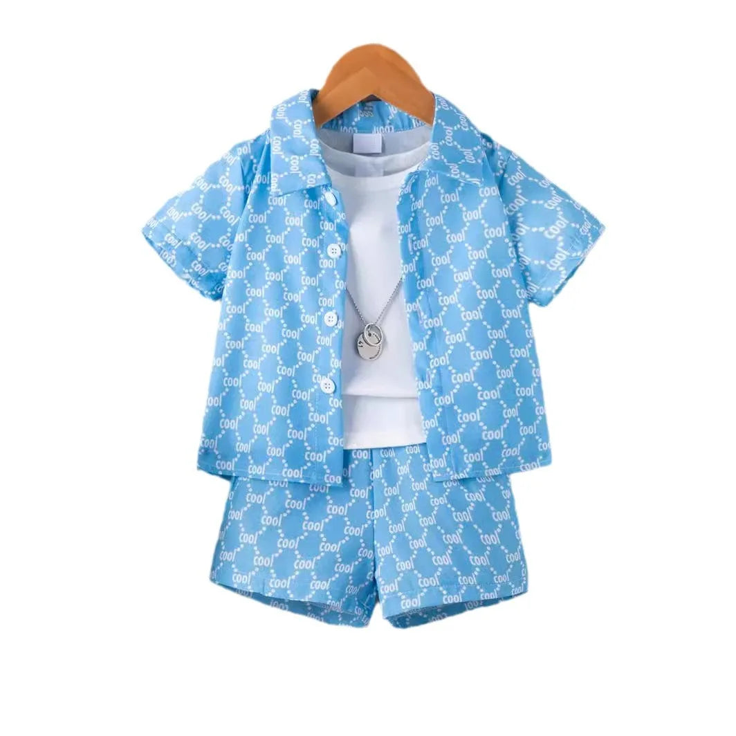 Kid Fashion Boy Outfit Three Piece Set Light Blue Short Sleeve Top Shirt Plain White Inner T-Shirt Blue Shorts Children Clothing