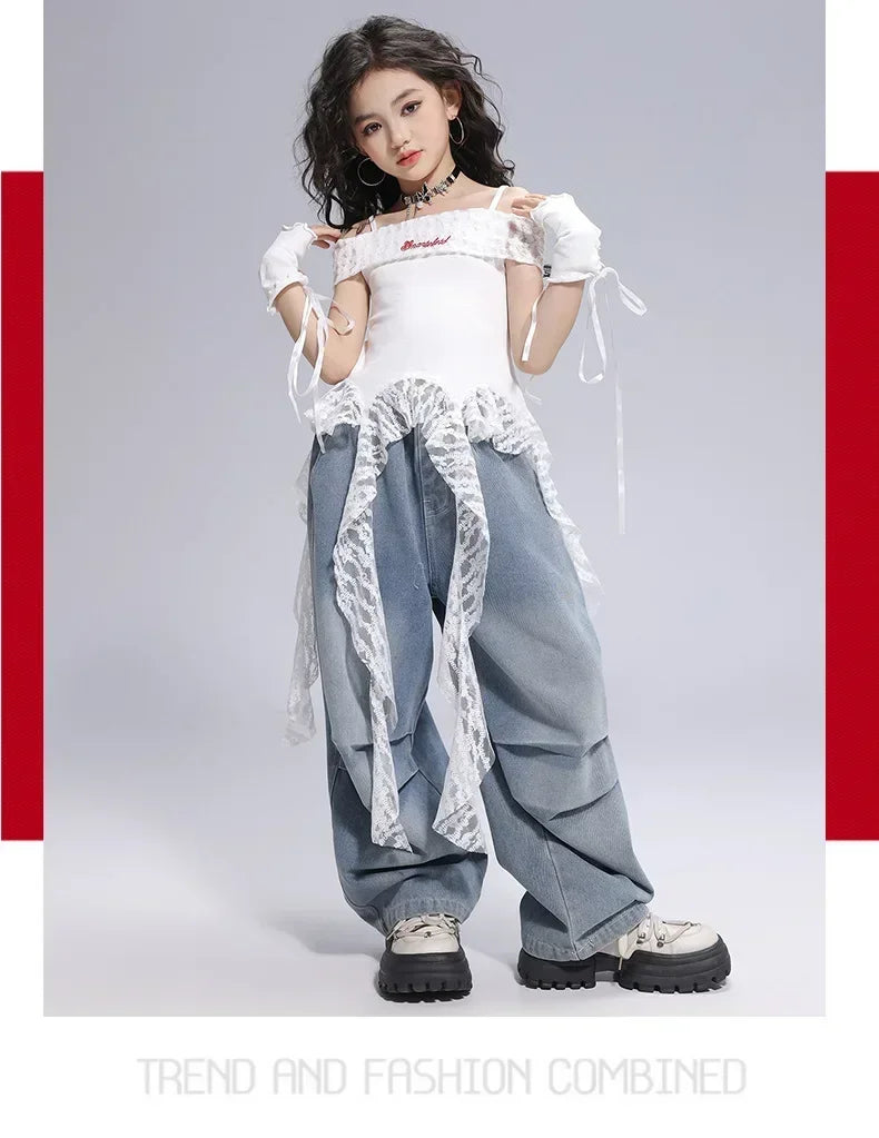 Kid Hip Hop Clothing Dance Costumes Clothes White Off Shoulder LaceParachute Jeans Baggy Pants for Girl Top Denim Blue Casual