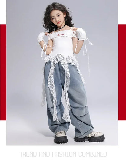 Kid Hip Hop Clothing Dance Costumes Clothes White Off Shoulder LaceParachute Jeans Baggy Pants for Girl Top Denim Blue Casual