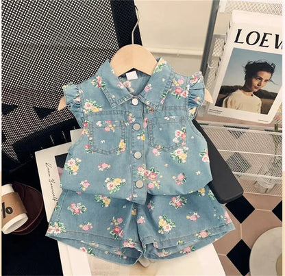 Kid's Clothing Sets for Baby Girls Floral Print Petal Sleeves Lapel Shirt & Shorts 2Pcs Set Childrens Suit Imitation Denim Outfi
