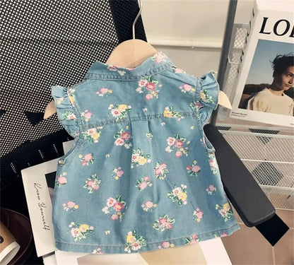 Kid's Clothing Sets for Baby Girls Floral Print Petal Sleeves Lapel Shirt & Shorts 2Pcs Set Childrens Suit Imitation Denim Outfi
