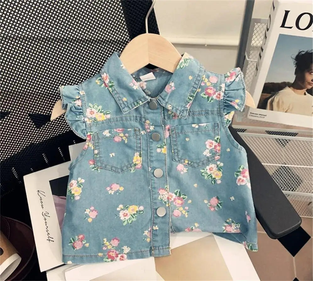 Kid's Clothing Sets for Baby Girls Floral Print Petal Sleeves Lapel Shirt & Shorts 2Pcs Set Childrens Suit Imitation Denim Outfi