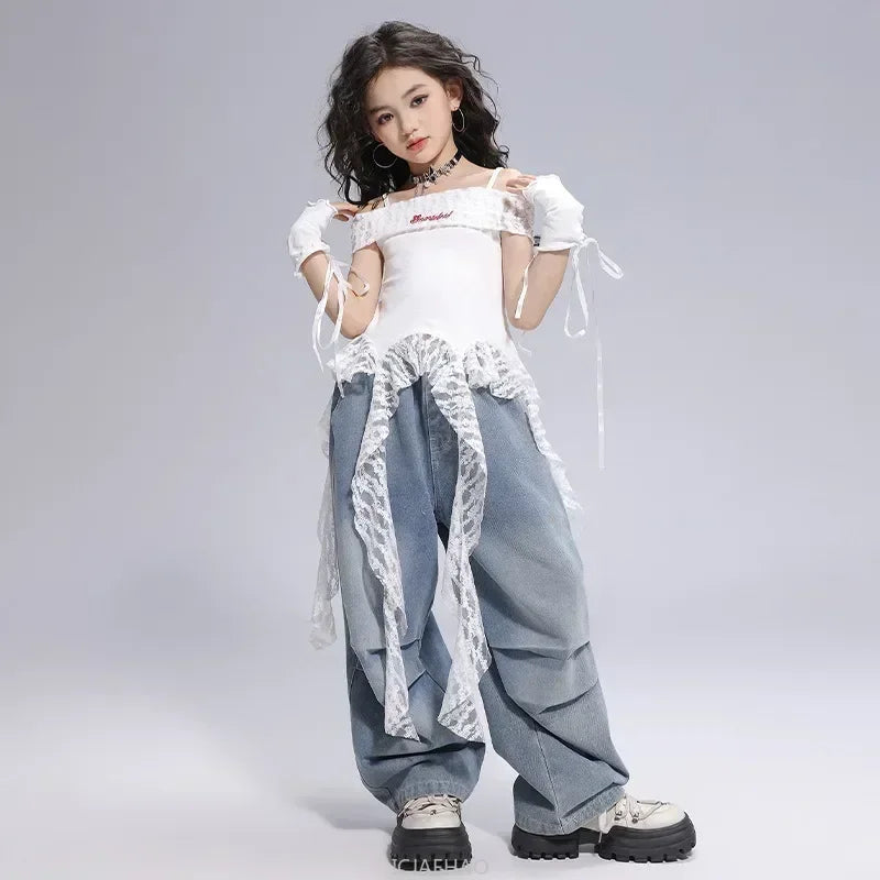 Kid Hip Hop Clothing Dance Costumes Clothes White Off Shoulder LaceParachute Jeans Baggy Pants for Girl Top Denim Blue Casual