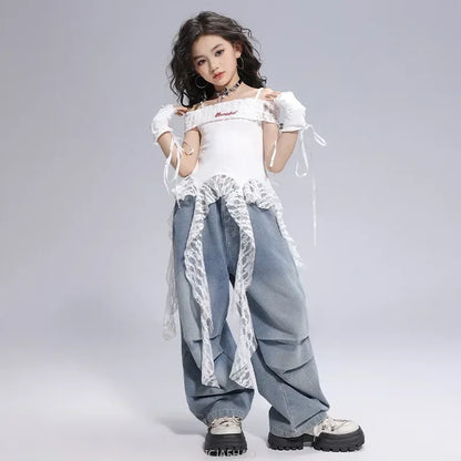 Kid Hip Hop Clothing Dance Costumes Clothes White Off Shoulder LaceParachute Jeans Baggy Pants for Girl Top Denim Blue Casual
