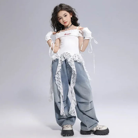 Kid Hip Hop Clothing Dance Costumes Clothes White Off Shoulder LaceParachute Jeans Baggy Pants for Girl Top Denim Blue Casual