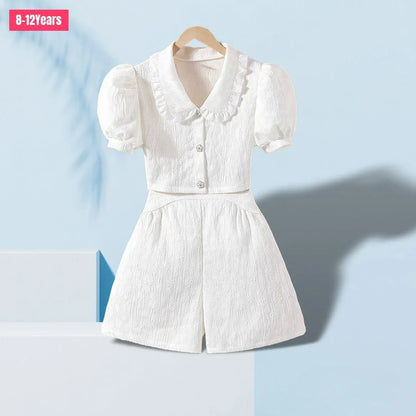 Kid Girls Clothing Set Teen Girl Clothes 2Pcs Summer Short Sleeve Shirt + Shorts Vacation Elegant Children Outfit Soft Ventilate