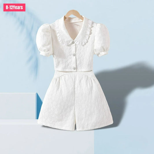 Kid Girls Clothing Set Teen Girl Clothes 2Pcs Summer Short Sleeve Shirt + Shorts Vacation Elegant Children Outfit Soft Ventilate