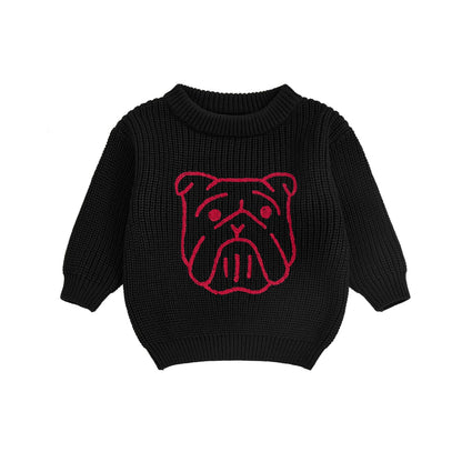 Kid Clothes Girls Autumn Knit Xmas Sweaters Long Sleeve Round Neck Bulldog/Elephant Embroidery Pullover Knitwear