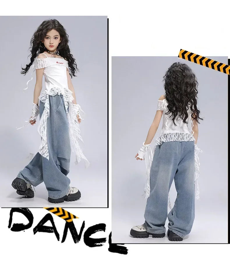 Kid Hip Hop Clothing Dance Costumes Clothes White Off Shoulder LaceParachute Jeans Baggy Pants for Girl Top Denim Blue Casual