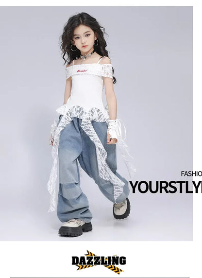 Kid Hip Hop Clothing Dance Costumes Clothes White Off Shoulder LaceParachute Jeans Baggy Pants for Girl Top Denim Blue Casual