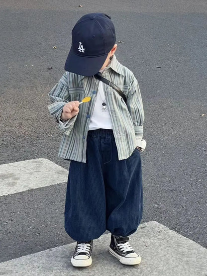 Kid Boy Spring Autumn Suit 2025 New Korean Handsome Baby Fashion Corduroy Striped Shirt and Pants Clothes Two Piece Set Outfits