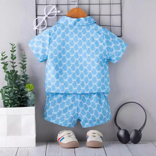 Kid Fashion Boy Outfit Three Piece Set Light Blue Short Sleeve Top Shirt Plain White Inner T-Shirt Blue Shorts Children Clothing