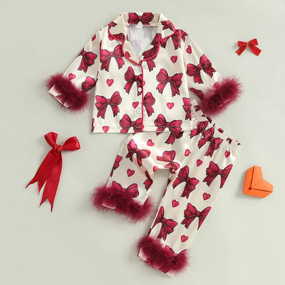 Kid Clothes Girl Satin Pajamas Set Bow Print Feather Cuffs Long Sleeve Lapel Button Down Tops with Pants Sleepwear