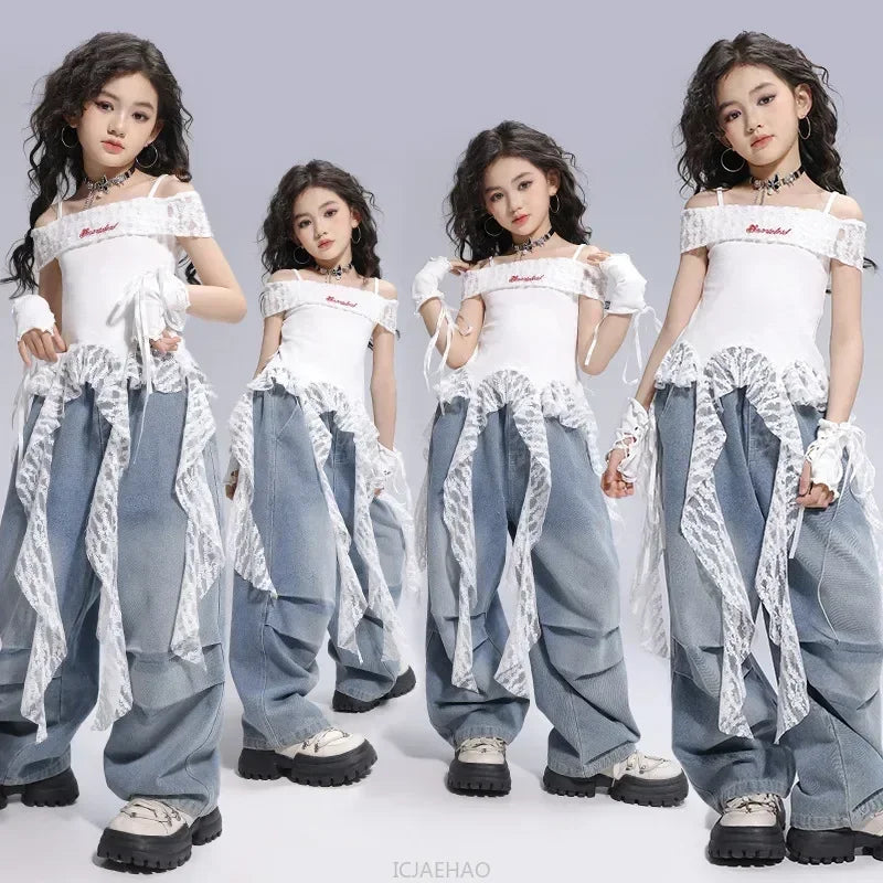 Kid Hip Hop Clothing Dance Costumes Clothes White Off Shoulder LaceParachute Jeans Baggy Pants for Girl Top Denim Blue Casual