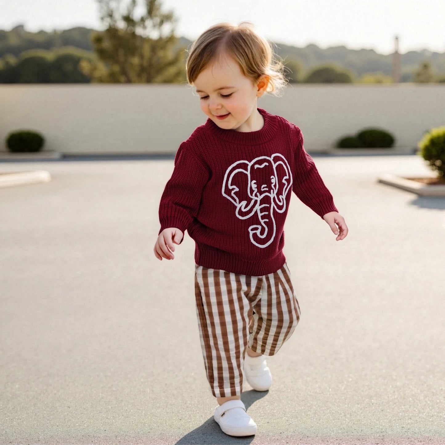 Kid Clothes Girls Autumn Knit Xmas Sweaters Long Sleeve Round Neck Bulldog/Elephant Embroidery Pullover Knitwear