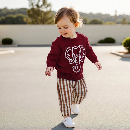 Kid Clothes Girls Autumn Knit Xmas Sweaters Long Sleeve Round Neck Bulldog/Elephant Embroidery Pullover Knitwear