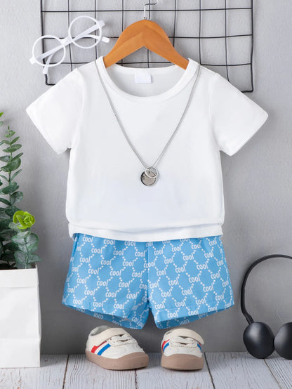 Kid Fashion Boy Outfit Three Piece Set Light Blue Short Sleeve Top Shirt Plain White Inner T-Shirt Blue Shorts Children Clothing