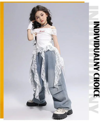 Kid Hip Hop Clothing Dance Costumes Clothes White Off Shoulder LaceParachute Jeans Baggy Pants for Girl Top Denim Blue Casual