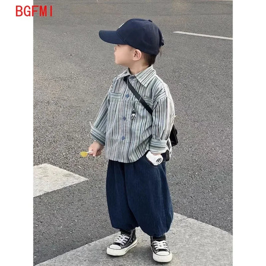 Kid Boy Spring Autumn Suit 2025 New Korean Handsome Baby Fashion Corduroy Striped Shirt and Pants Clothes Two Piece Set Outfits